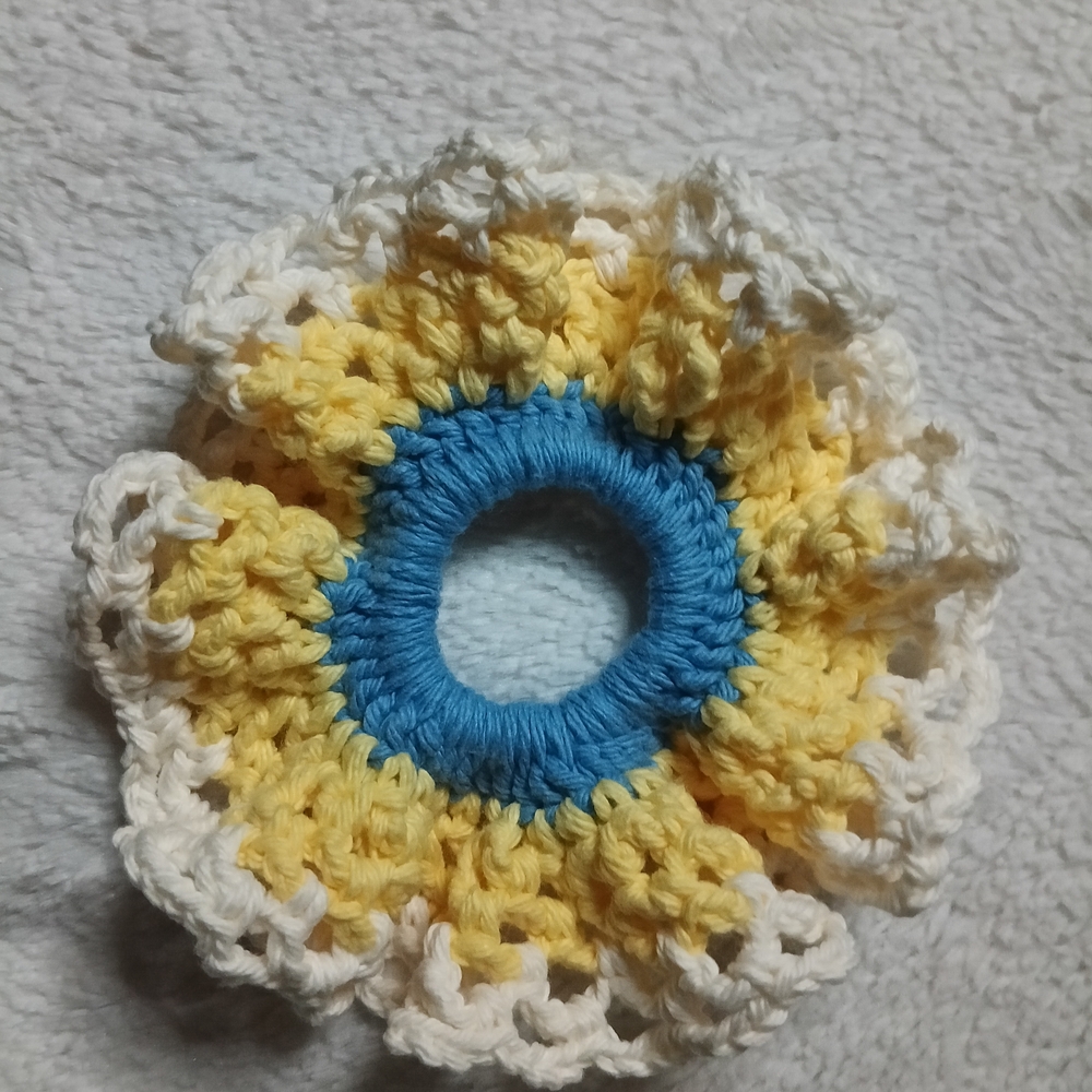 Handmade Blue and Yellow Crochet Hair Scrunchie. 100% Cotton
